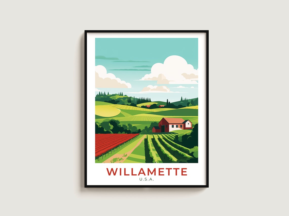 Willamette USA Red Barn Vineyard Rows Green Hills Travel Poster