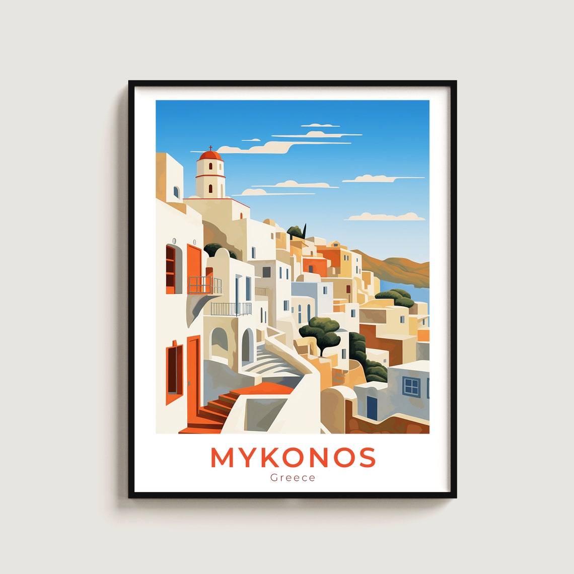 Mykonos Greece Hillside Streets Red Dome Church Travel Poster