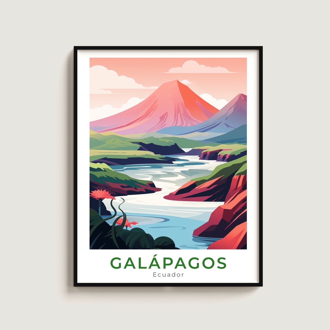Galapagos Ecuador Volcano River Landscape Retro Travel Poster Art