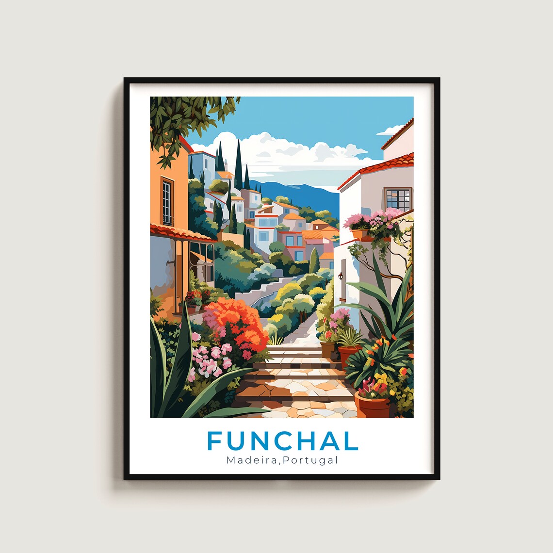 Funchal Madeira Portugal Flower Lane Stone Steps Travel Poster