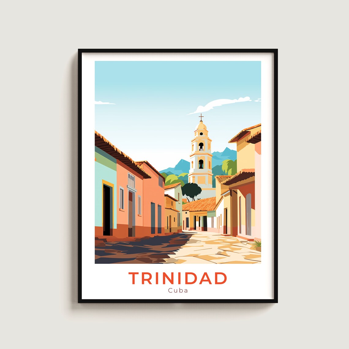 Trinidad Cuba Cobblestone Street Bell Tower Colonial Travel Poster