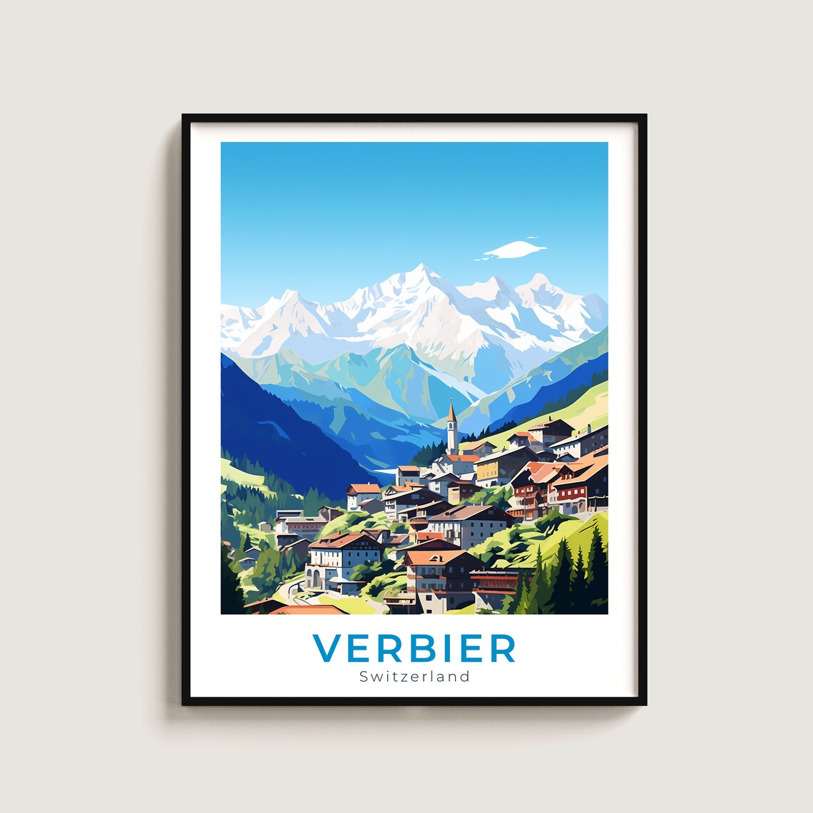 Verbier Switzerland Alpine Village Poster Snow Peaks Travel Art