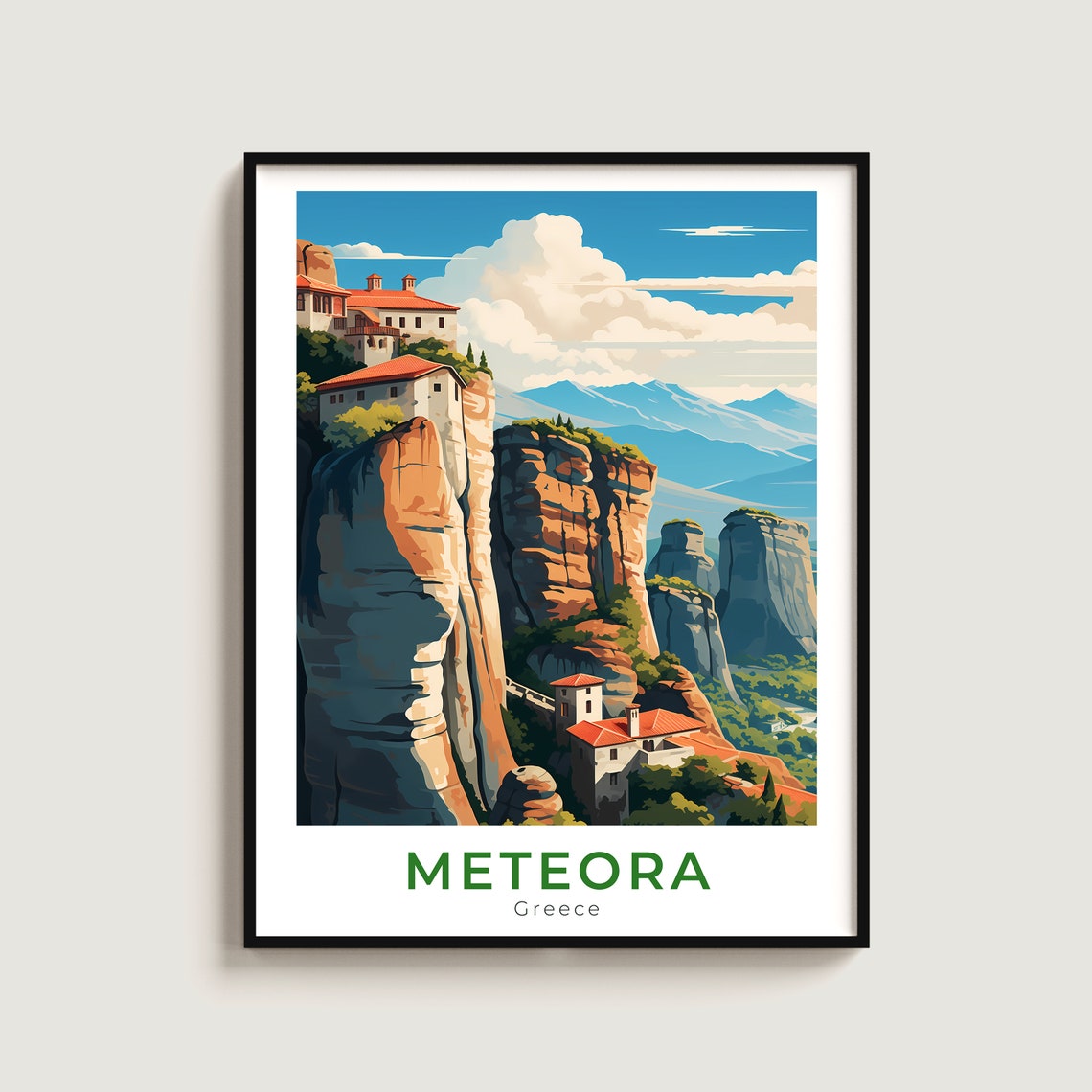 Meteora Greece Monasteries Rock Pillars Cliffs Valley Travel Poster