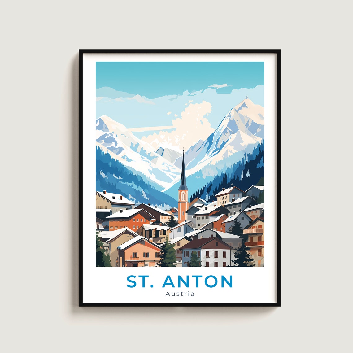 St Anton Austria Village Church Tower Snowy Alpine Town View Poster