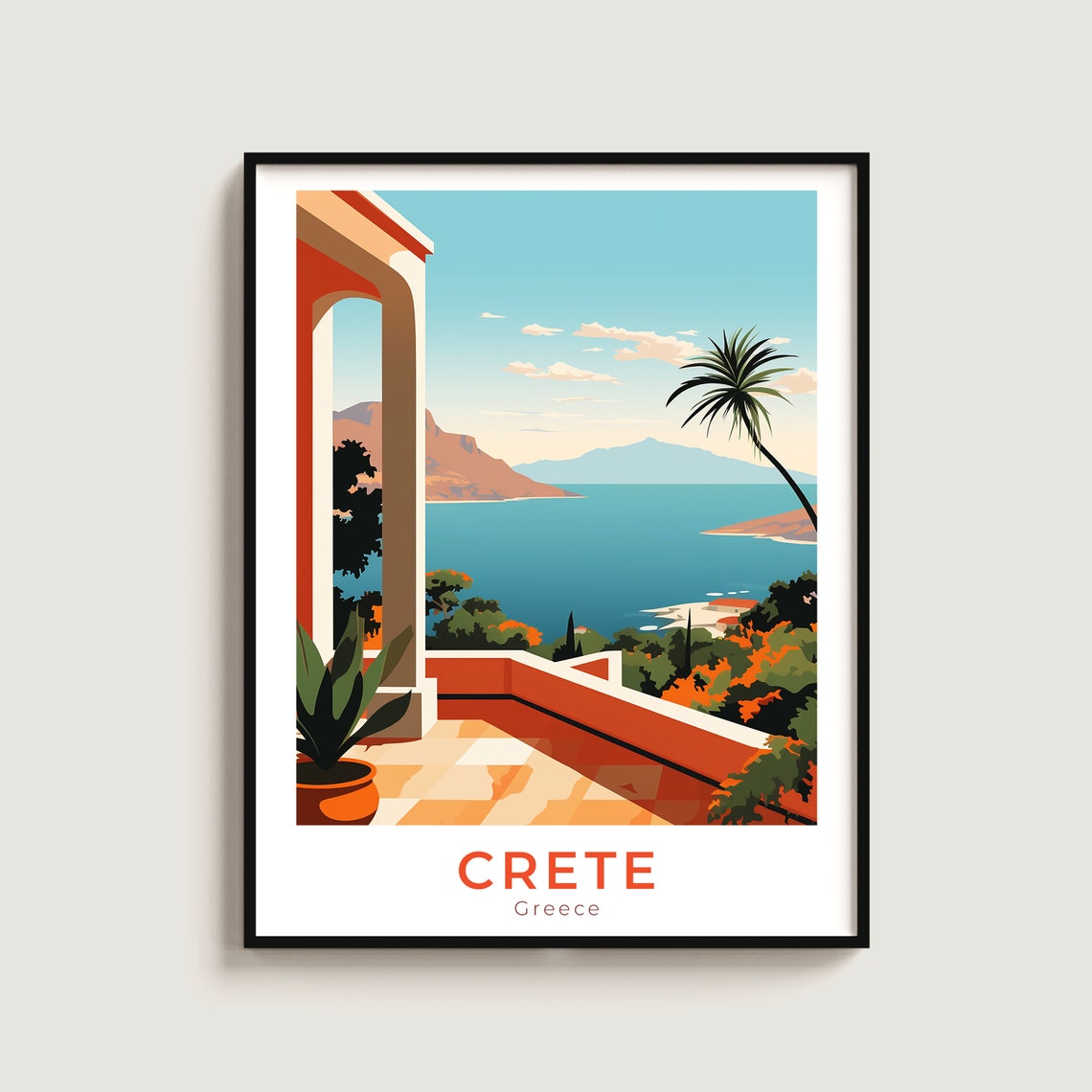 Crete Greece Terrace Overlooking Sparkling Sea Palm Travel Poster