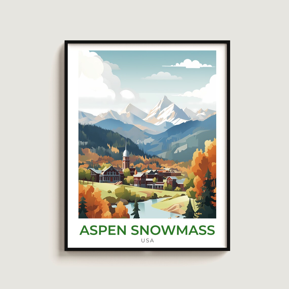 Aspen Snowmass USA Autumn Colors River Church Mountain Travel Poster