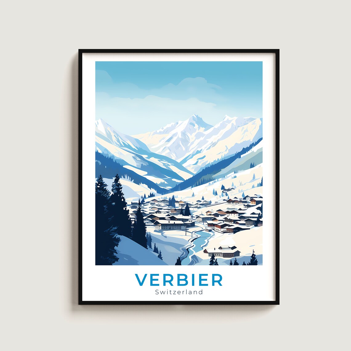 Verbier Switzerland Alpine Ski Village Vintage Travel Poster
