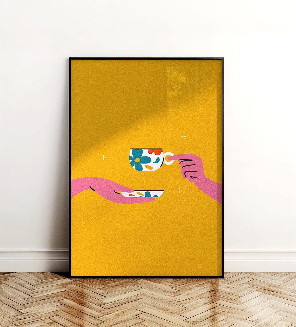 Floral Teacup Hands Sharing Tea Mustard Yellow Modern Kitchen Art Poster