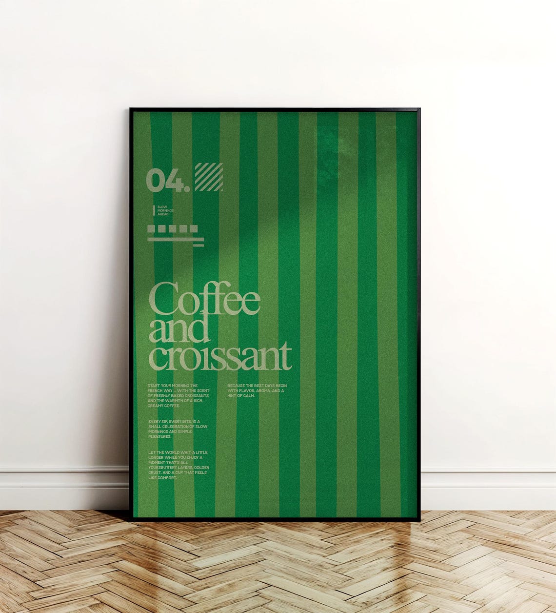 Coffee And Croissant Green Stripe Modern Typographic Cafe Wall Poster