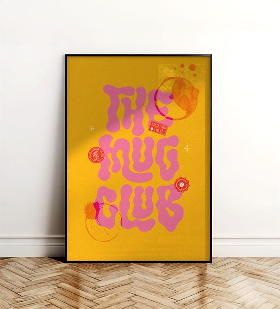 Retro The Mug Club Print Pink Coffee Stamps Bold Typography