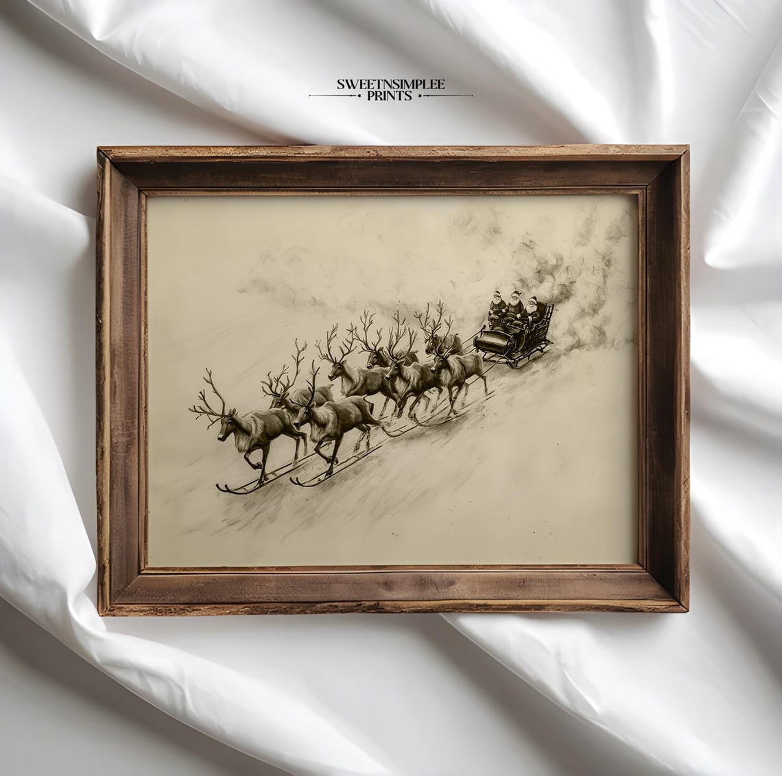 Vintage Sepia Sketch of Santa Sleigh With Six Reindeer Team Poster - Image 2