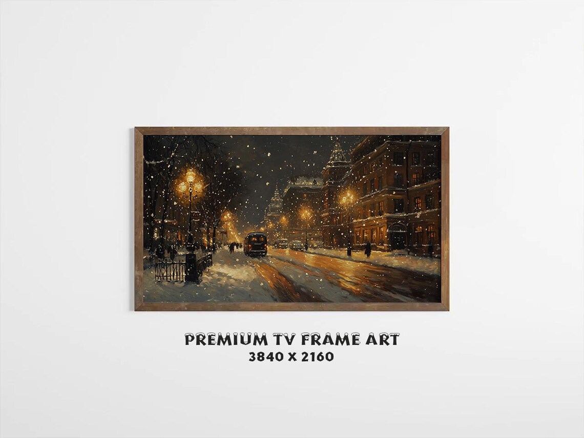 Snowy Night City Street Glowing Lamps Vintage Winter Scene TV Wall Art - Image 2