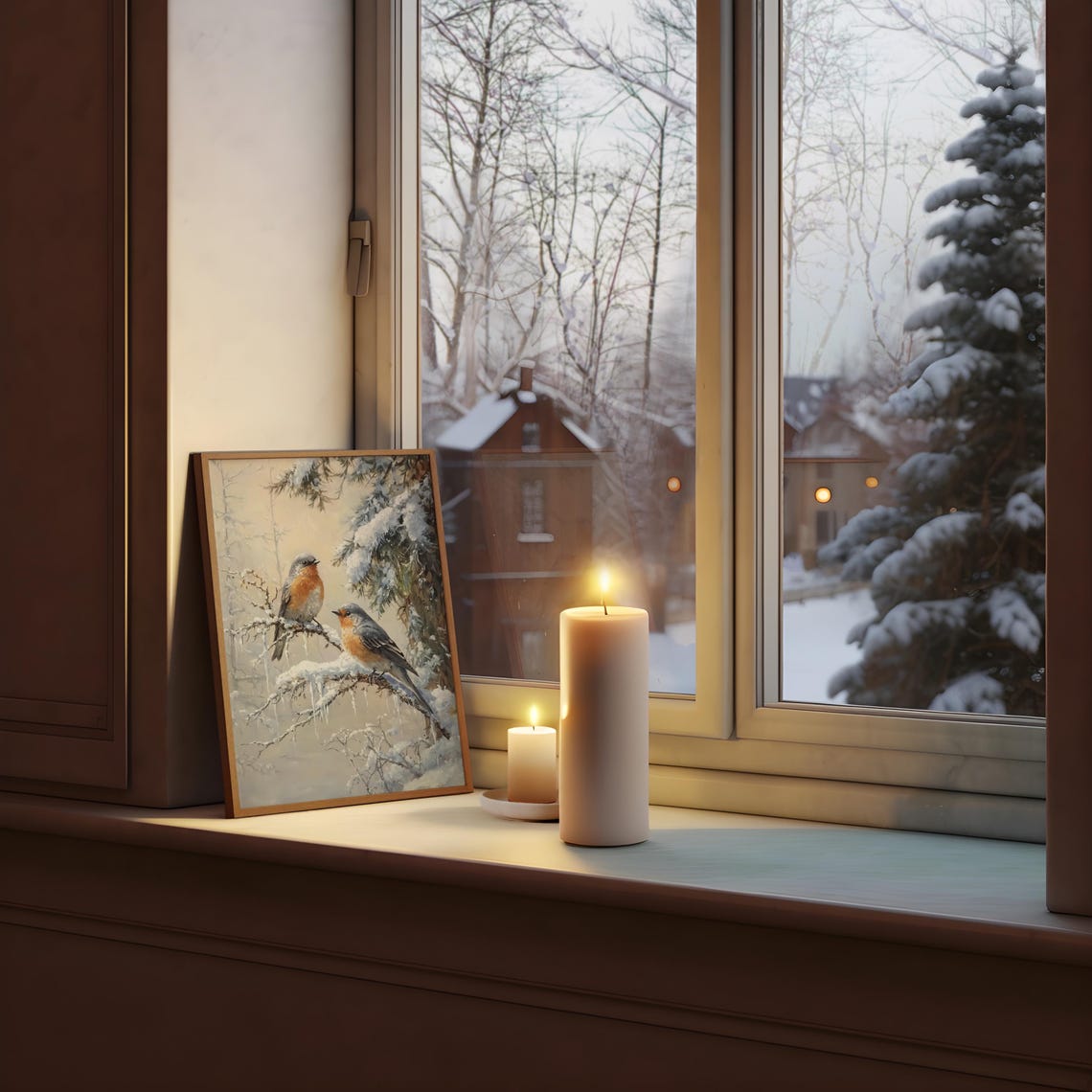 Two Bluebirds On Snowy Branch With Icicles Vintage Winter Poster - Image 3