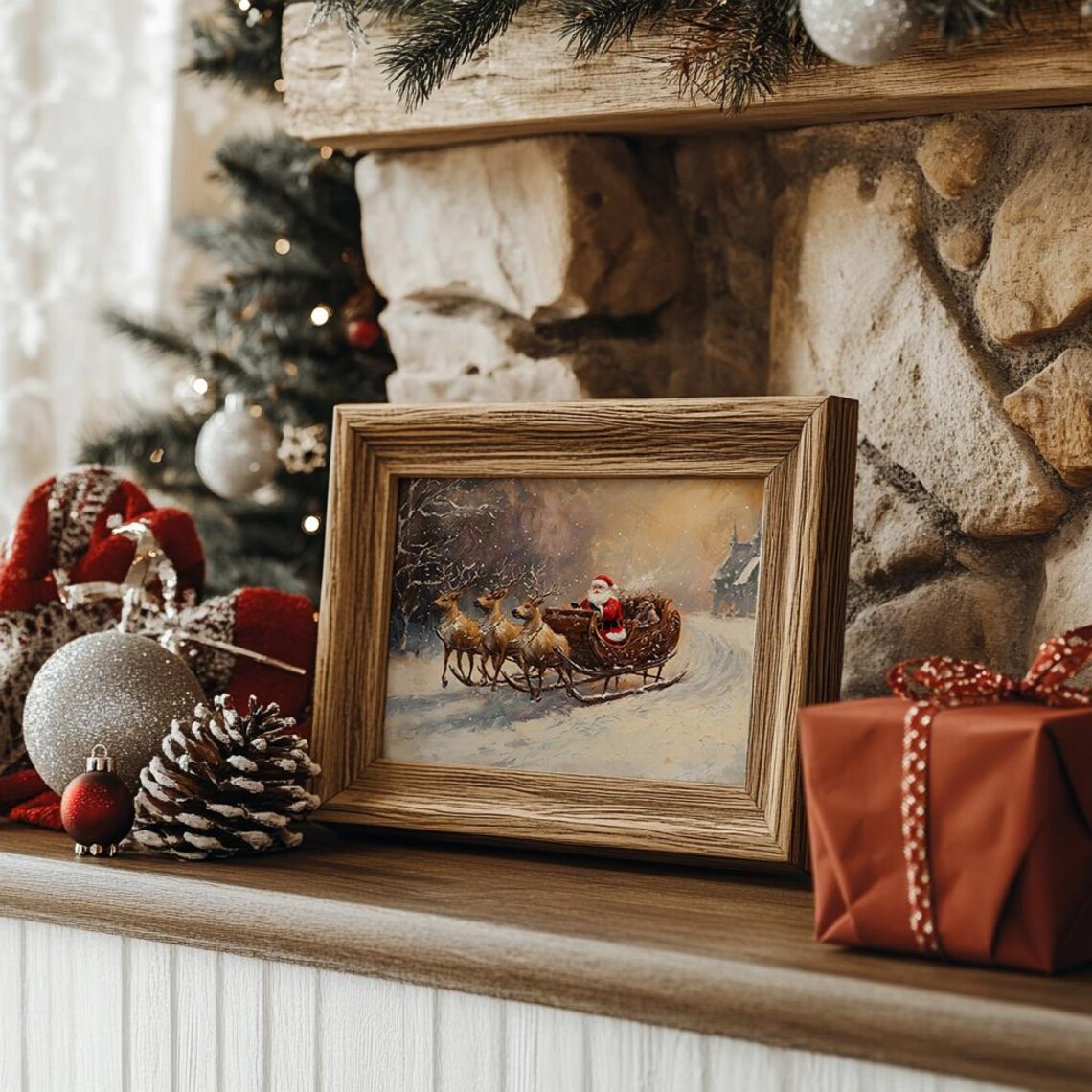 Vintage Santa Claus Driving Reindeer Sleigh in Snow Holiday Poster - Image 3