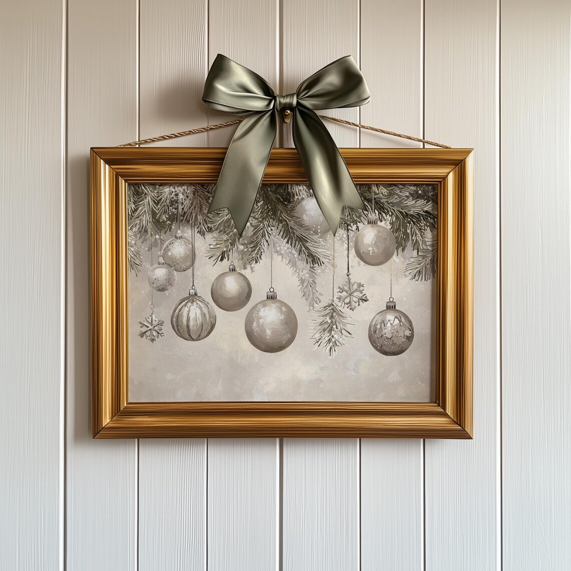 Silver Christmas Baubles Poster Hanging Ornaments Neutral Winter Decor - Image 2