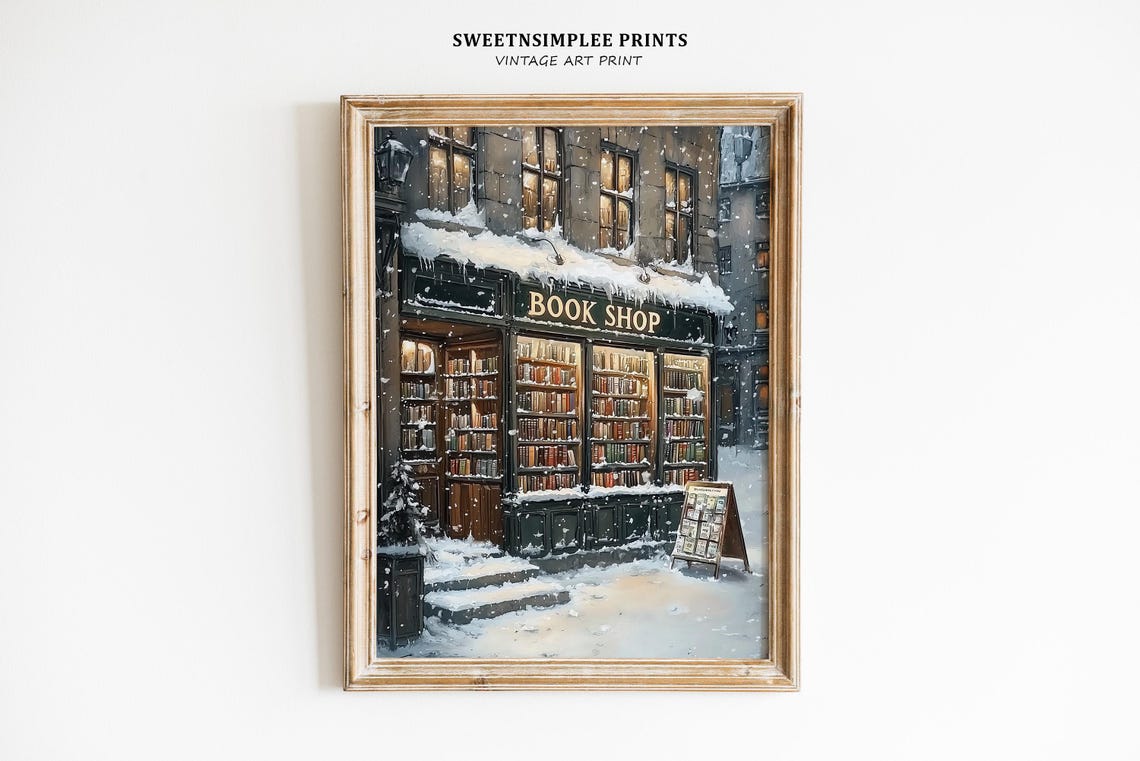 Cozy Vintage Book Shop Storefront in Snowy Evening Winter Poster