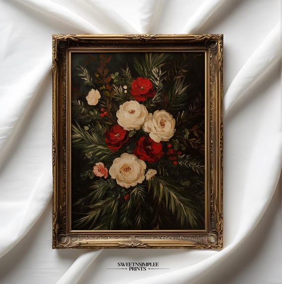 Vintage Winter Flower Painting Print Christmas Botanical Wall Art Moody Holiday Decor Evergreen Berries 516