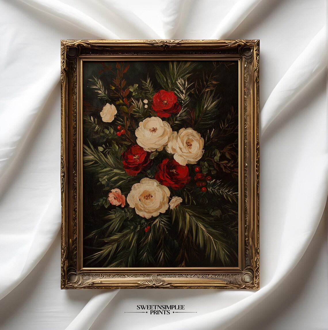 Vintage Red and White Rose Bouquet Floral Oil Painting Poster