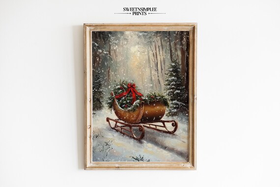 Vintage Wooden Sleigh With Greenery in Snowy Forest Christmas Poster