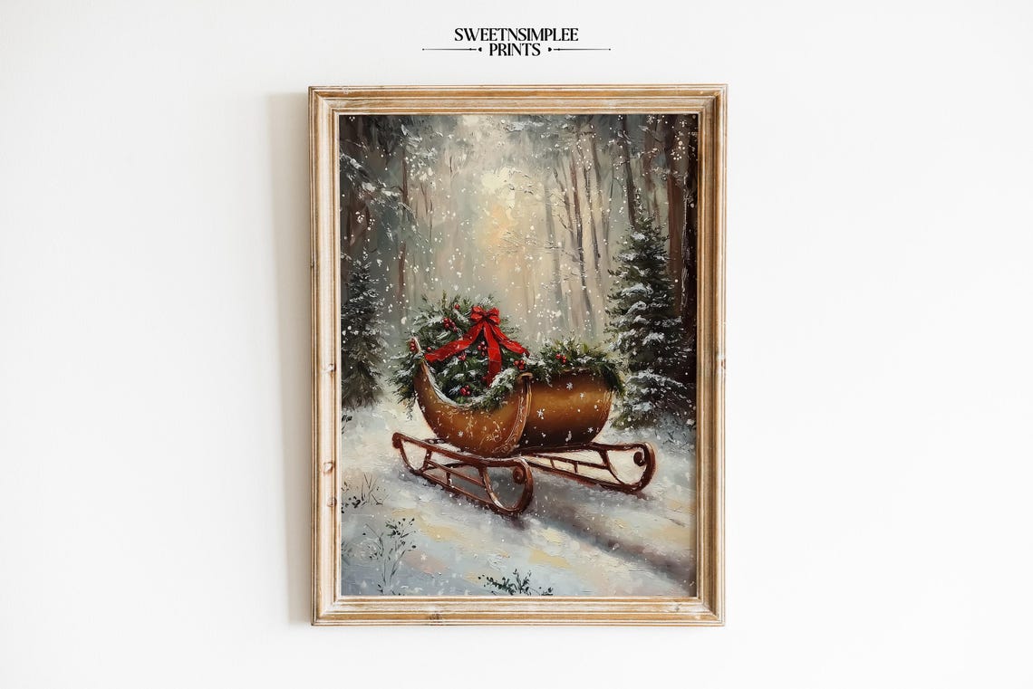 Vintage Wooden Sleigh With Greenery in Snowy Forest Christmas Poster