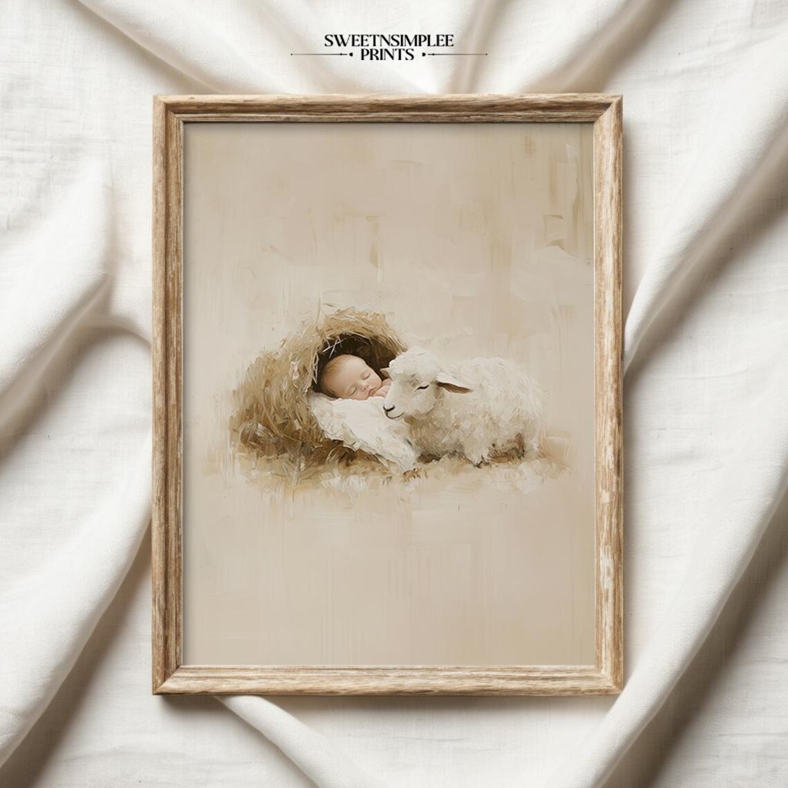 Christian Nativity Baby Jesus Sleeping With Lamb Oil Painting Poster - Image 2
