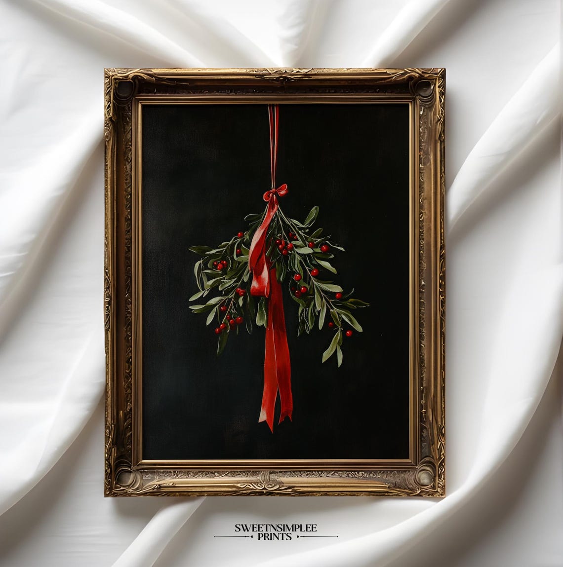 Vintage Mistletoe With Red Ribbon and Berries on Black Poster - Image 2