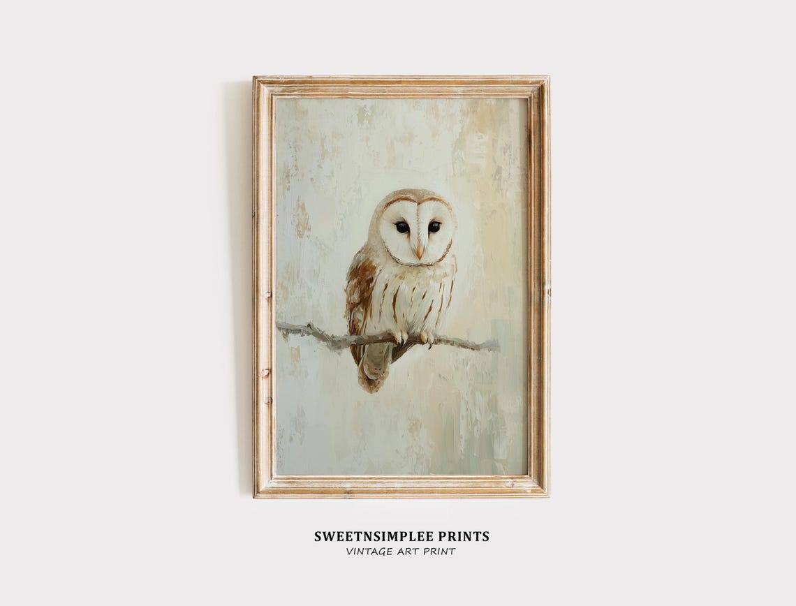Barn Owl Perched on Branch Muted Beige Vintage Bird Painting Wall Art - Image 2