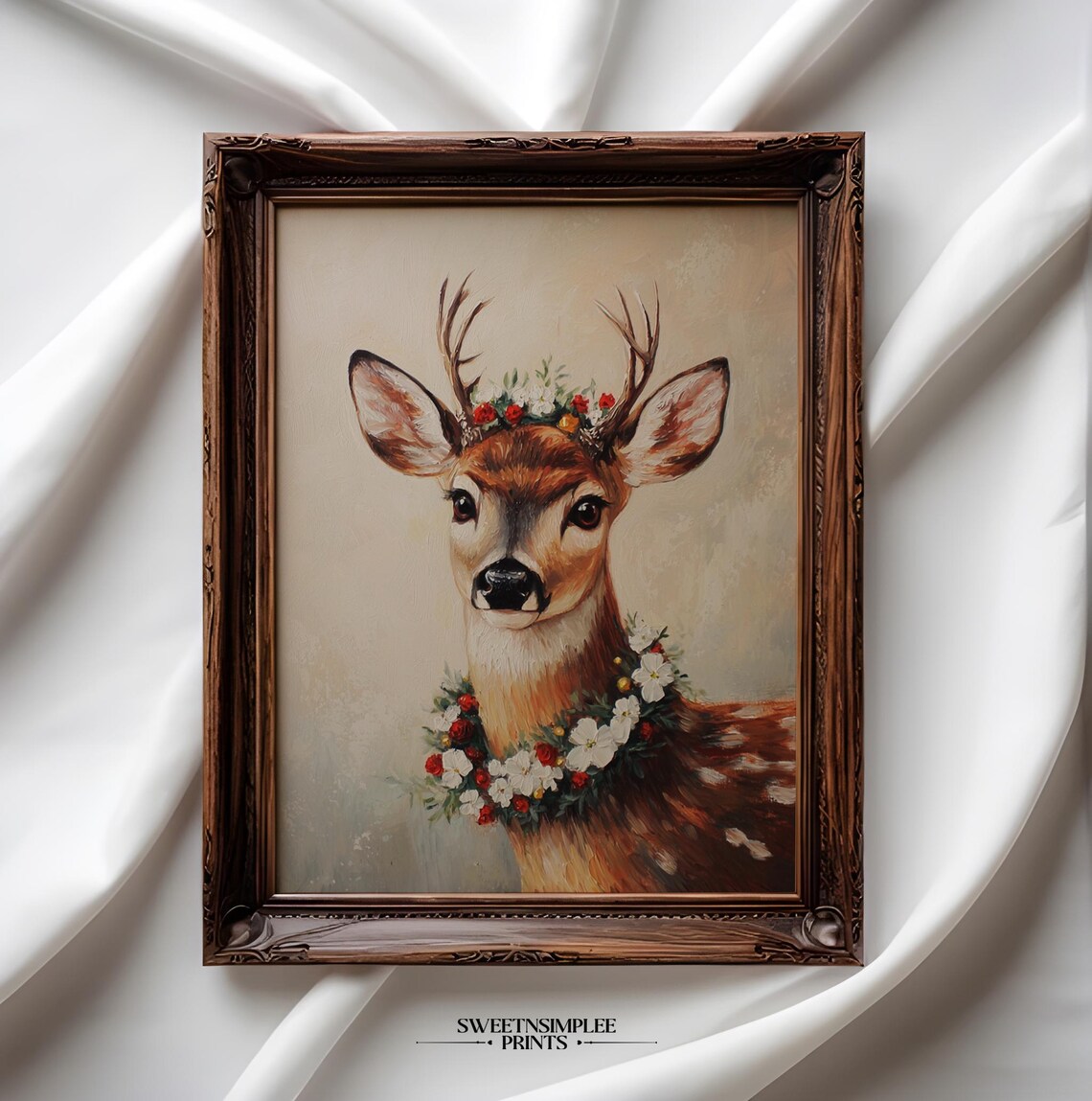 Deer with Floral Crown Poster Vintage Winter Woodland Animal Painting
