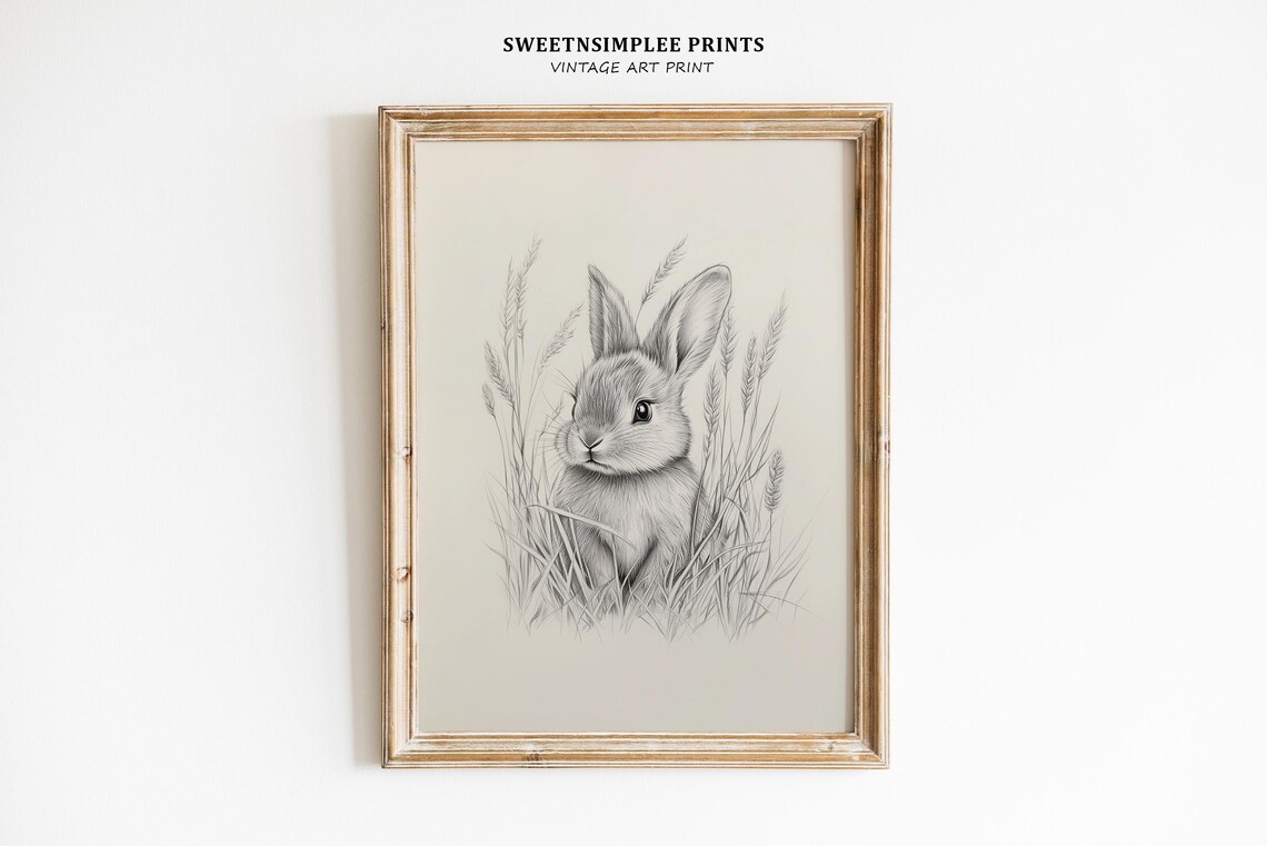 Vintage Easter Bunny Sketch Gray Pencil Rabbit Meadow Grass Wall Art - Image 2