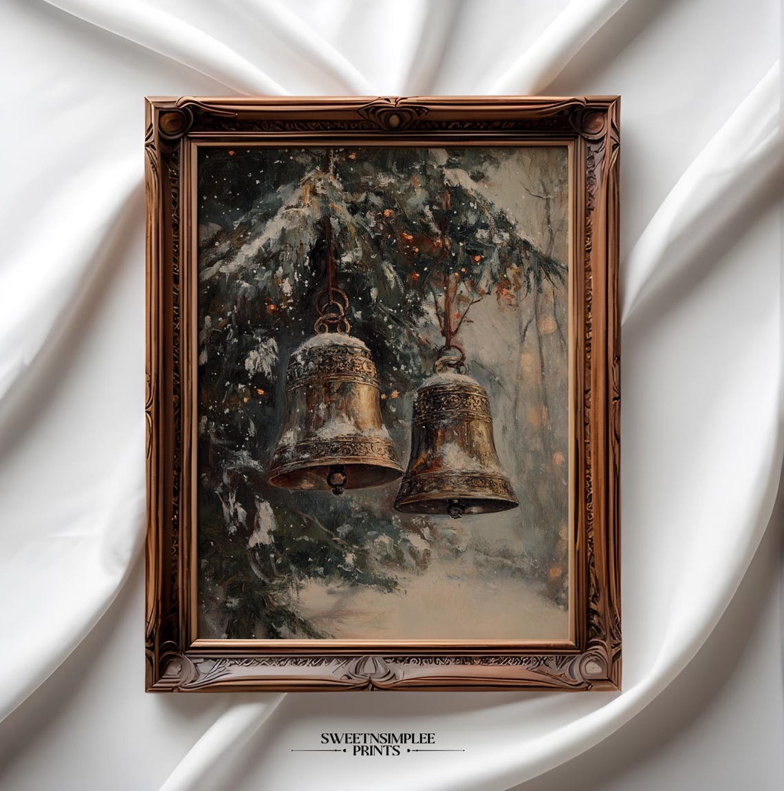 Two Antique Bells Hanging From Snowy Evergreen Branch Poster - Image 2