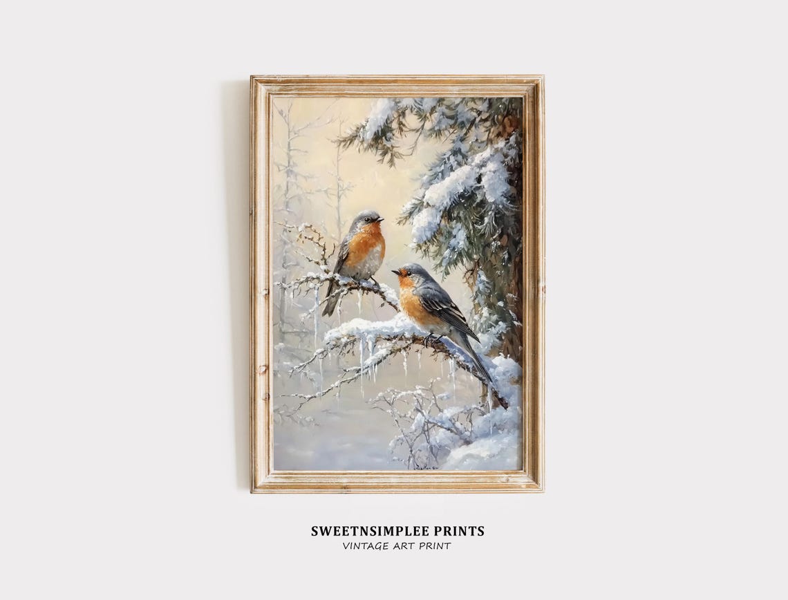 Two Bluebirds On Snowy Branch With Icicles Vintage Winter Poster