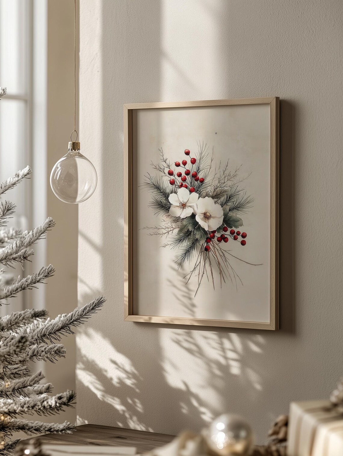 Vintage Winter Bouquet of White Flowers and Red Berries Poster - Image 3