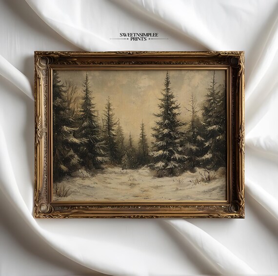 Golden-Toned Snowy Pine Forest Clearing Vintage Winter Poster