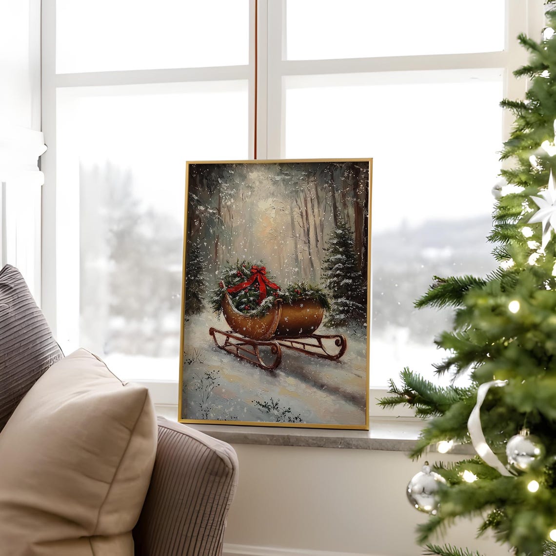 Vintage Wooden Sleigh With Greenery in Snowy Forest Christmas Poster - Image 3