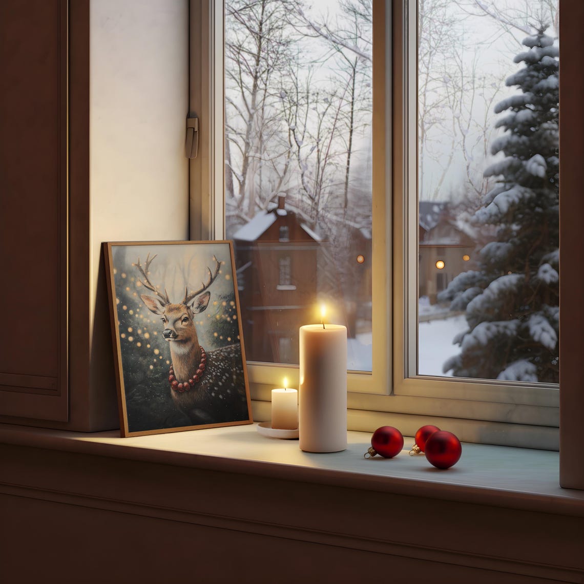 Winter Deer with Berry Necklace Poster Snowy Forest Holiday Decor - Image 3