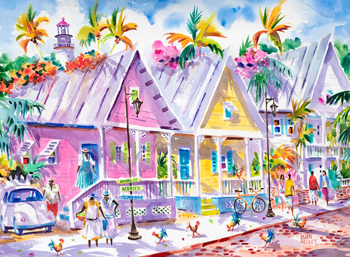 Key West Duval Street Cottages with Roosters and Lighthouse Poster