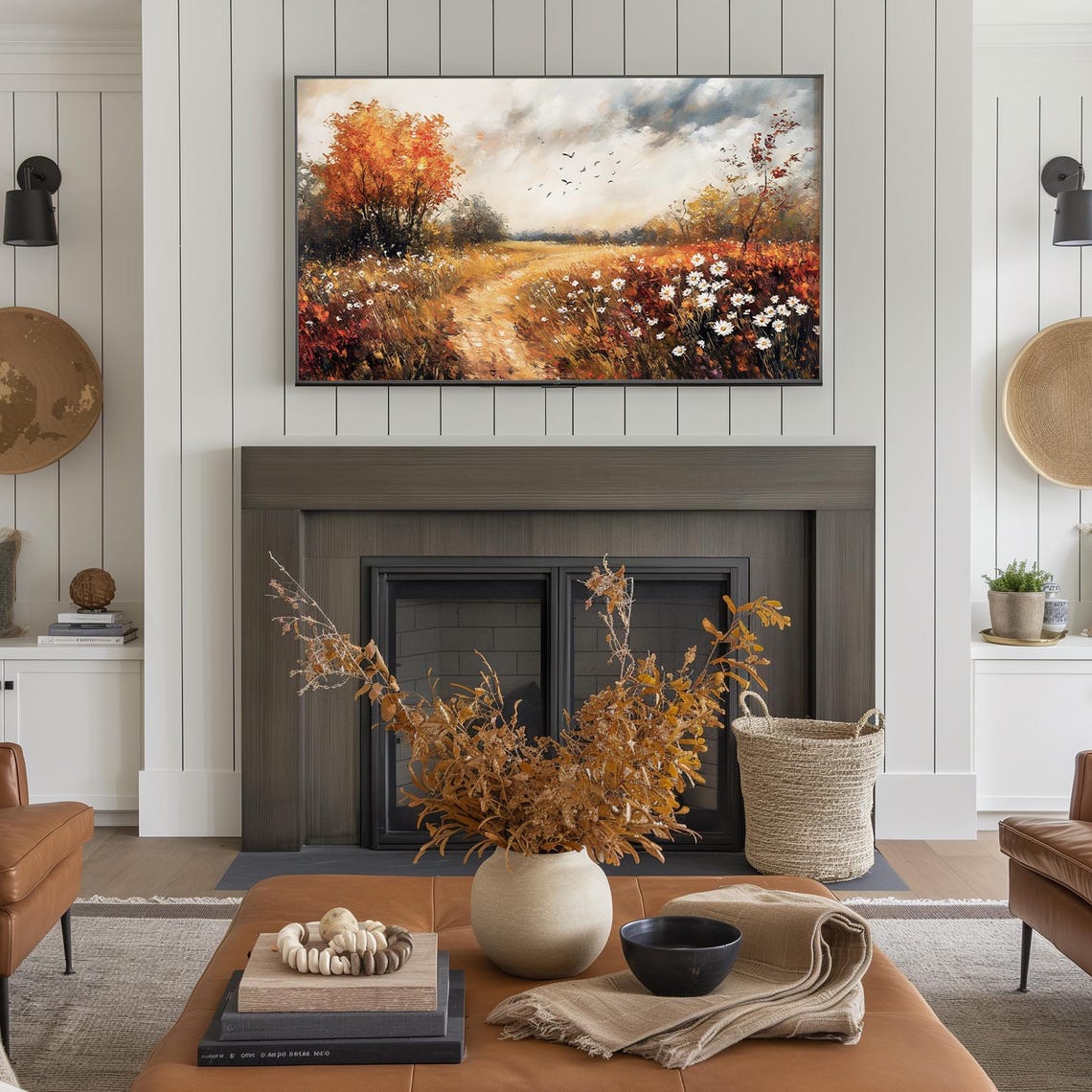 Golden Autumn Path Through Wildflower Field With Orange Trees Poster - Image 4