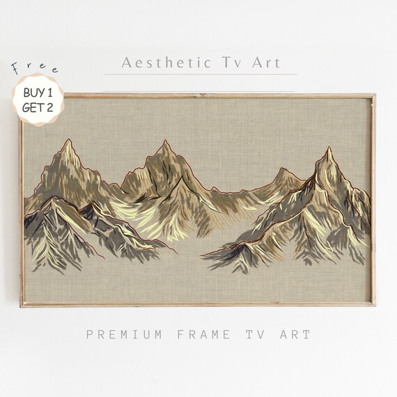 Frame Tv Art Mountains Landscape Painting Rustic Country Embroidery Tv Frame Art Muted Painting Of Mountains
