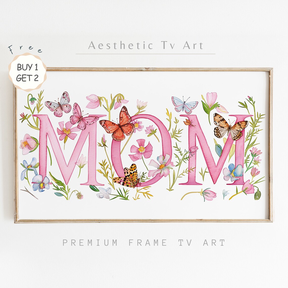 Pink MOM Watercolor Floral Butterflies Mothers Day Gift Art Poster