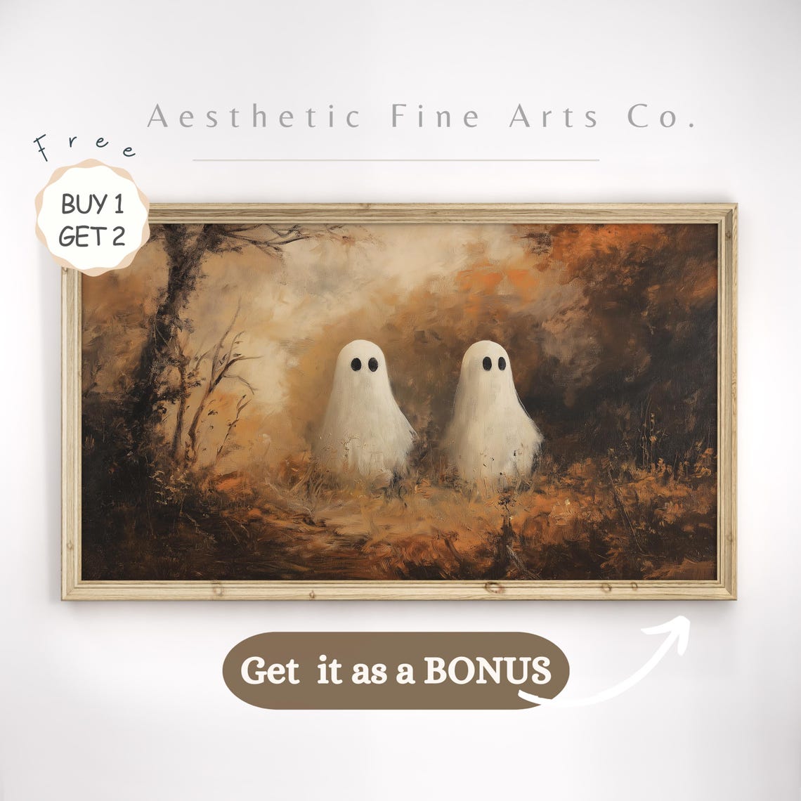 Two Cute Ghosts In Wildflower Field Moody Vintage Halloween Art Poster - Image 3