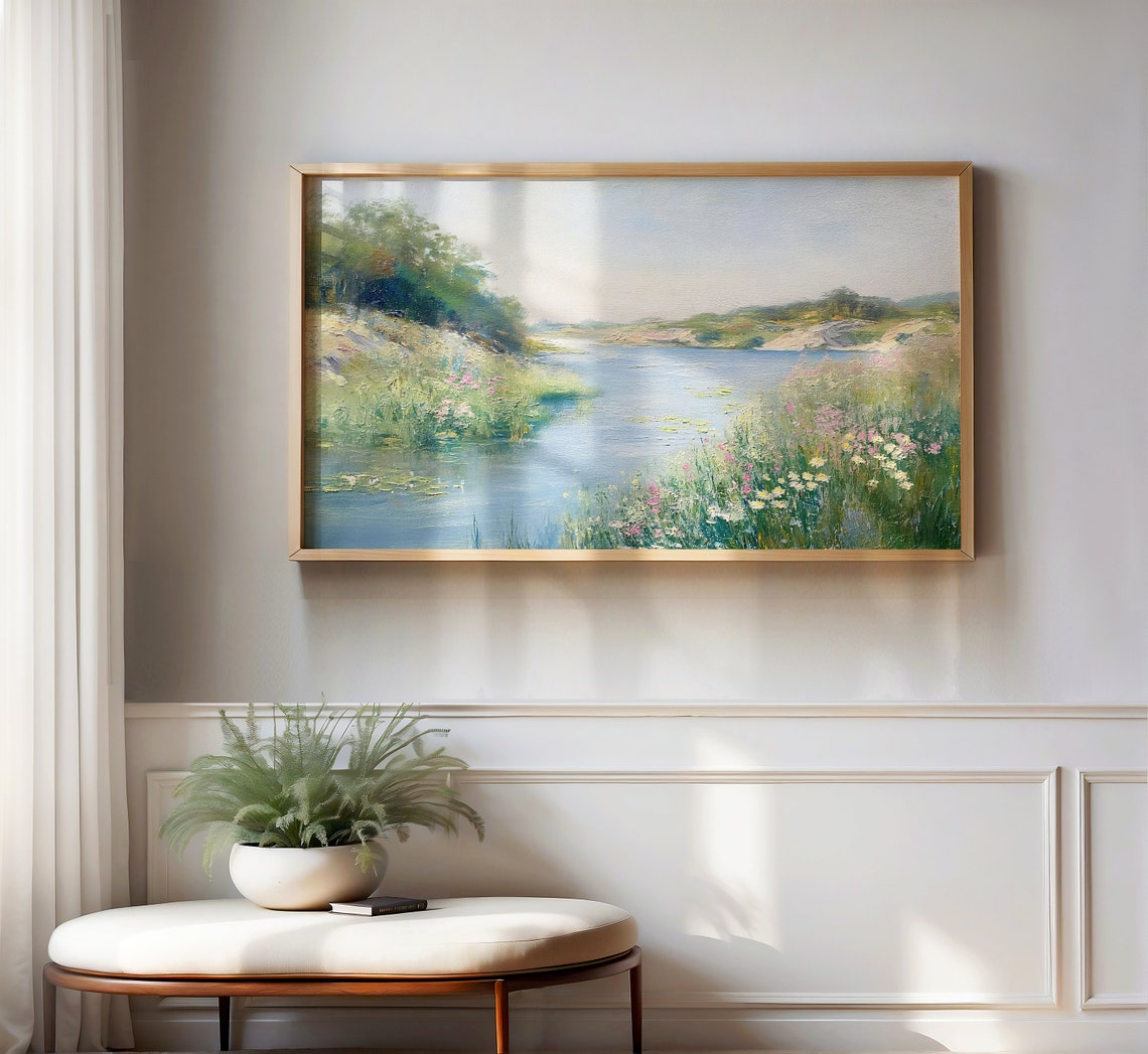 Tranquil Lakeside Wildflowers Calm Water Impressionist Art Poster - Image 2
