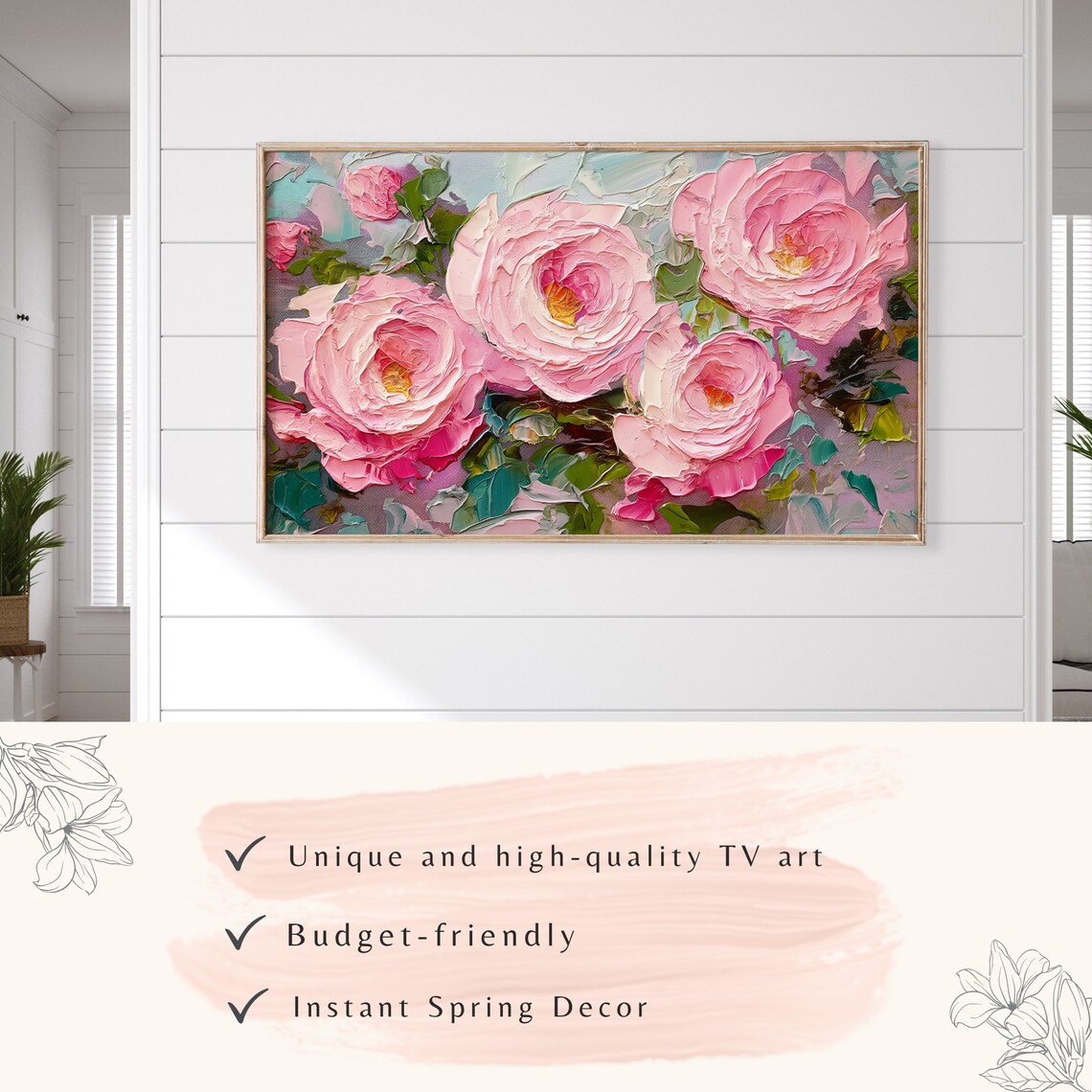 Pink Roses Close Up Textured Impasto Oil Painting Romantic Poster - Image 3