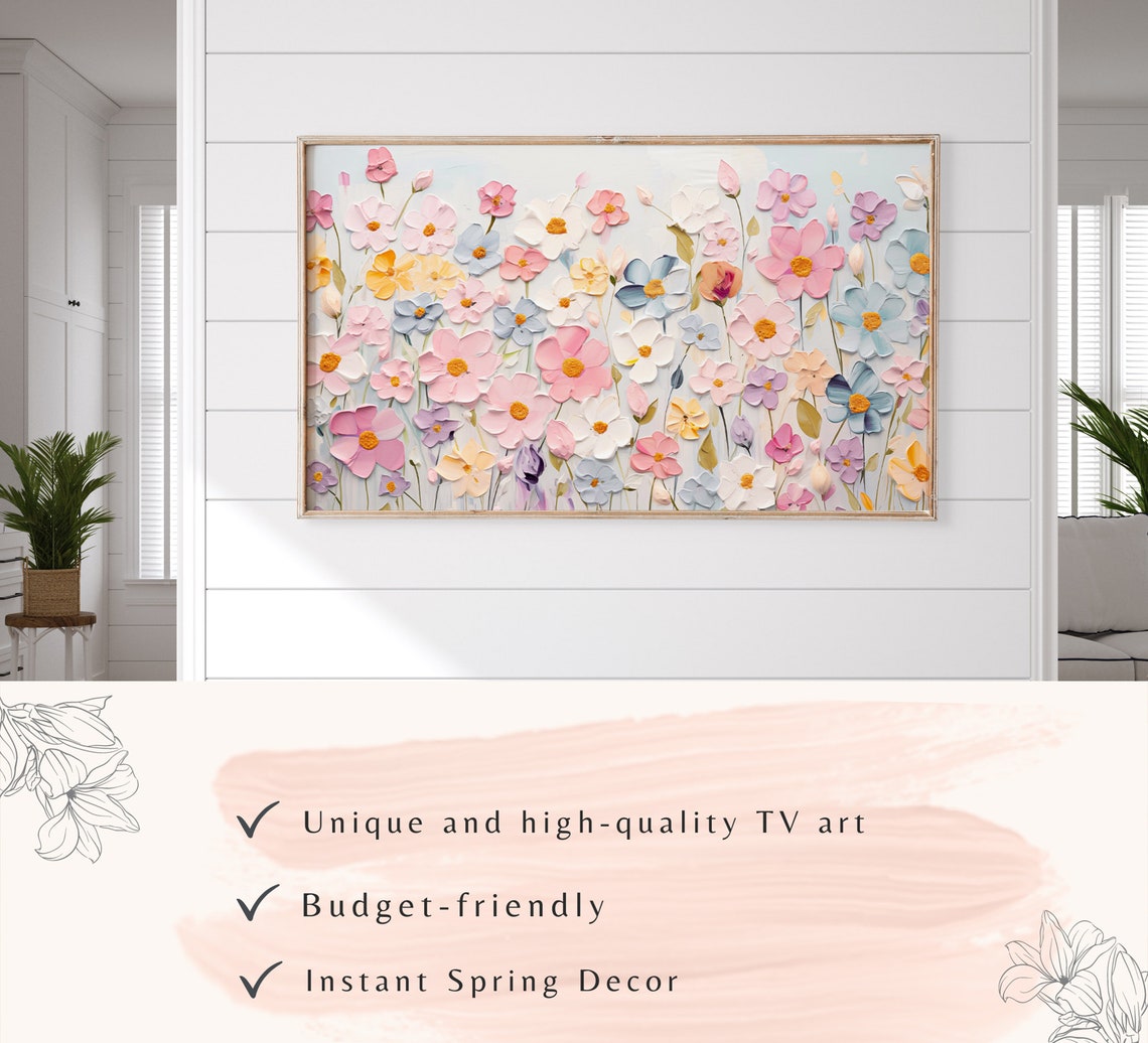 Pastel Cosmos Meadow Impasto Oil Painting Soft Spring Floral TV Poster - Image 3