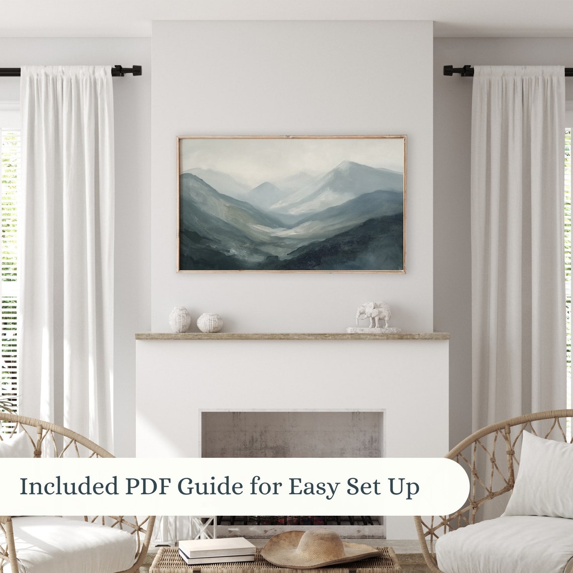 Misty Blue Gray Layered Mountains Foggy Landscape Oil Wall Art - Image 2