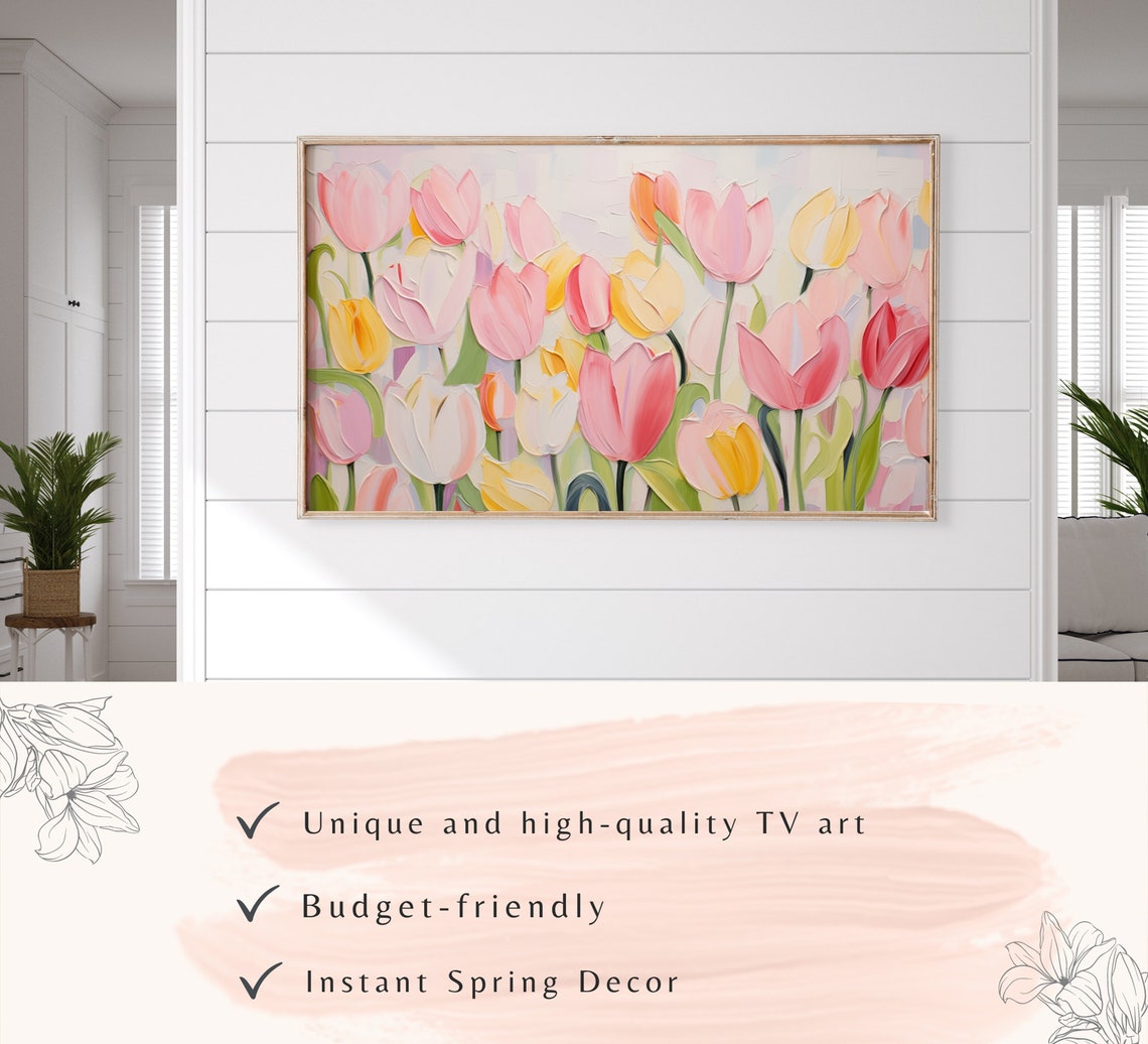 Pink Yellow Impasto Tulips Spring Bloom Textured Flower Art Poster - Image 3