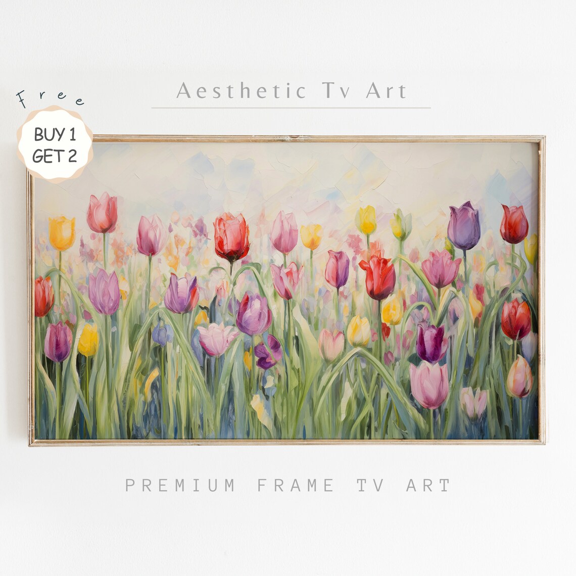 Frame Tv Art Spring Tulips Oil Painting Wildflowers Field Country Oil Painting Spring Farmhouse Decor Frame Tv