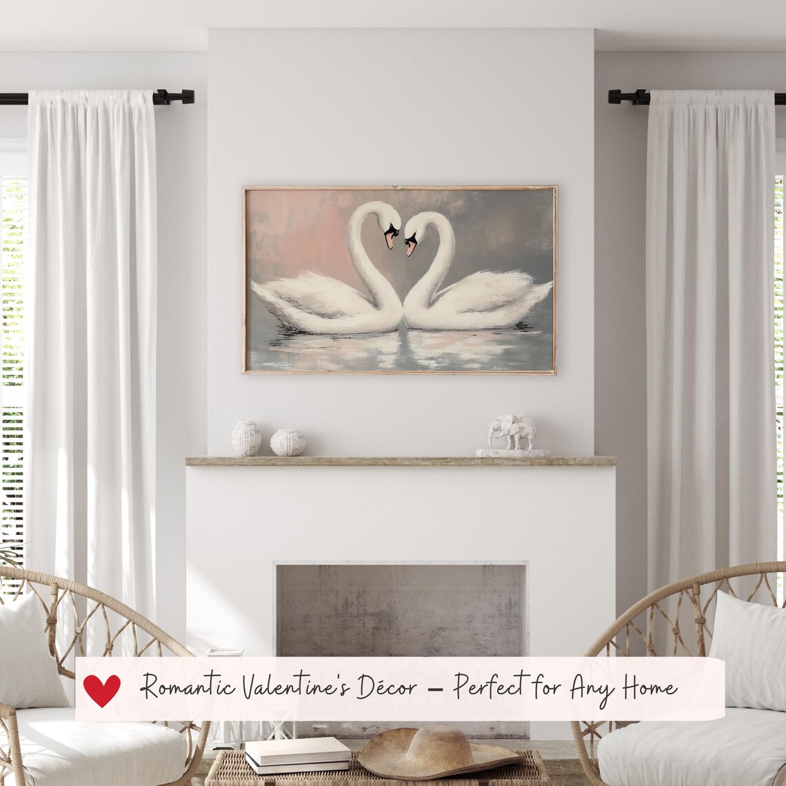 Romantic White Swans Heart Necks Blush Pink Valentine Love Wall Art