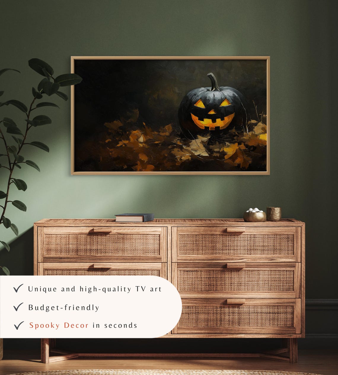 Black Jack-O-Lantern Pumpkin Glowing Moody Dark Halloween TV Art - Image 3