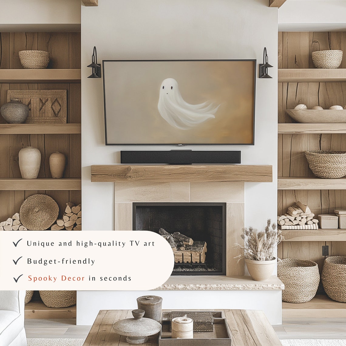 Cute Minimalist Ghost Neutral Beige Halloween Frame TV Art Poster - Image 3