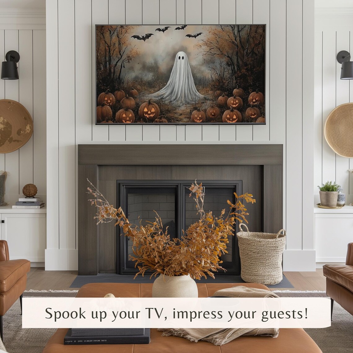 Spooky Ghost in Pumpkin Patch Bats Misty Halloween TV Art Poster - Image 3